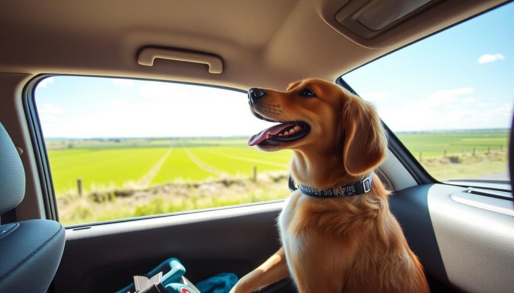 Hund im Auto auf Reise zur Nordsee