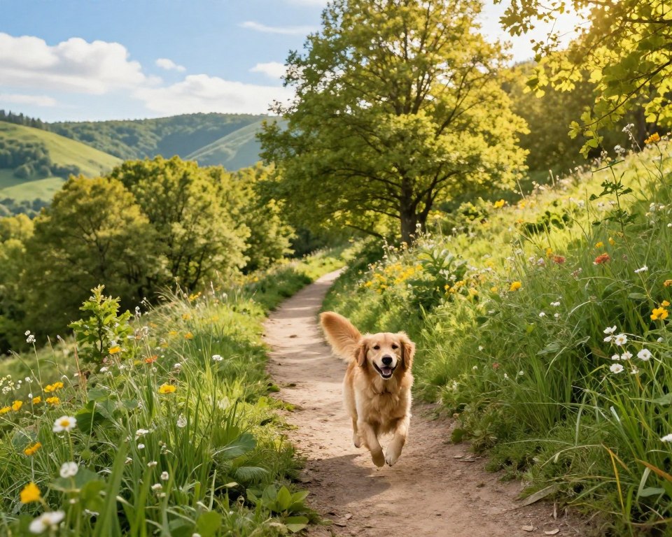 Hund auf Wanderweg in Naturschutzgebiet
