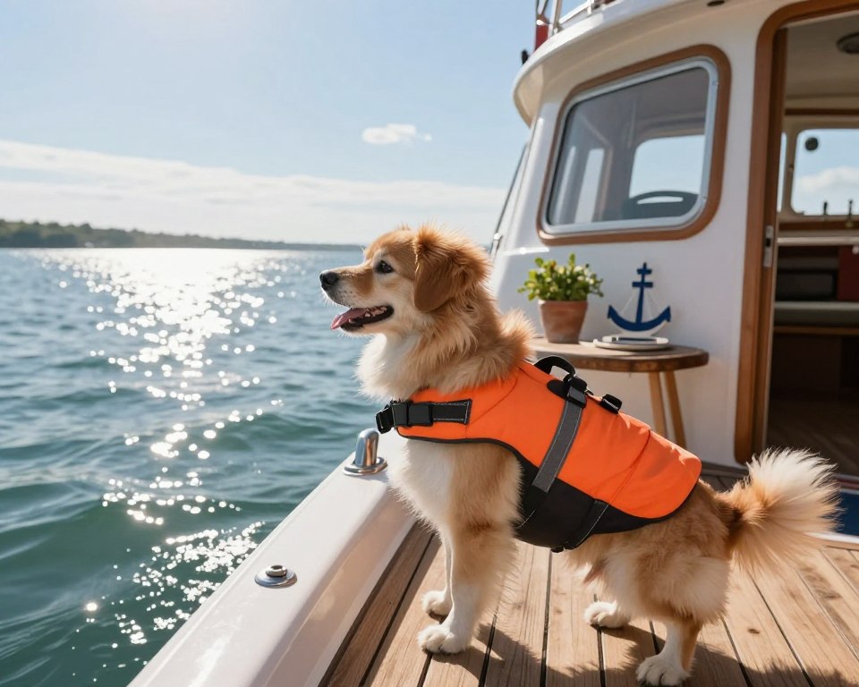 Hund mit Schwimmweste auf Hausboot Hund mit Schwimmweste auf Hausboot