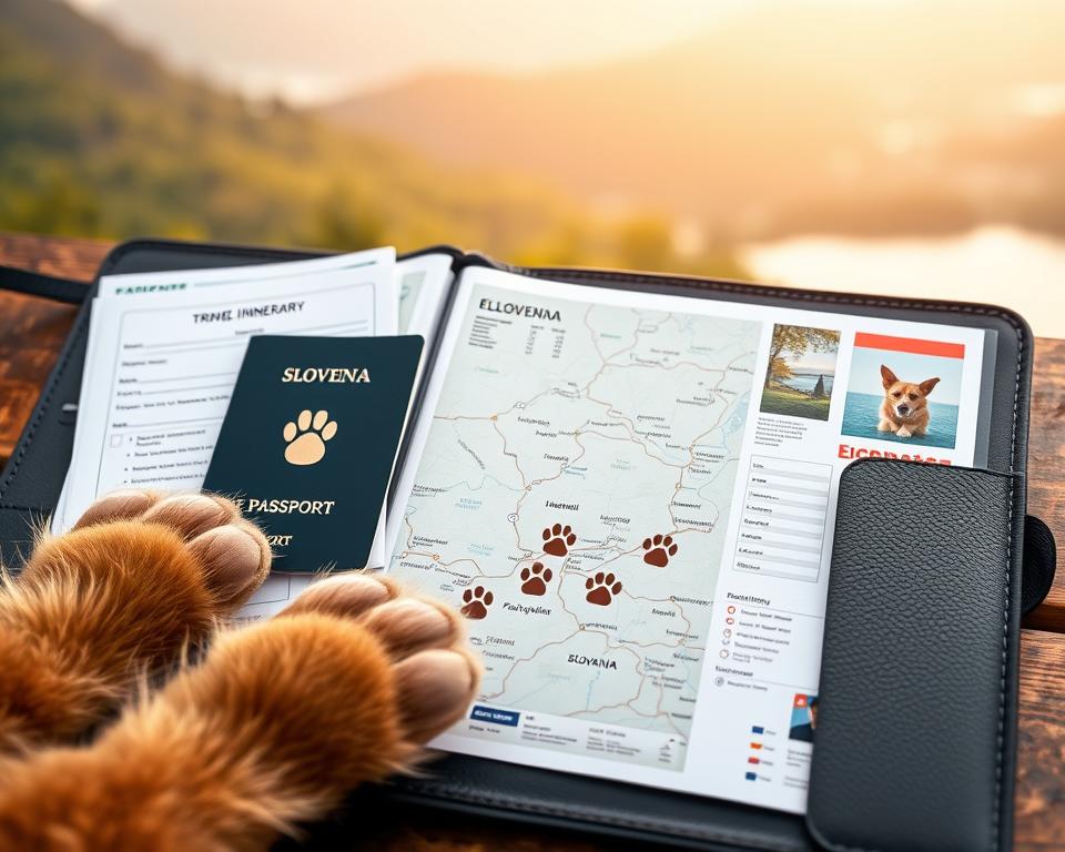 A beautifully arranged travel document set for a dog owner planning a trip to Slovenia. In the foreground, a pair of paws rests beside a neatly organized folder containing a pet passport, vaccination records, and a travel itinerary. In the middle, a map of Slovenia lays partially opened, with small paw prints leading to highlighted locations. The background features a soft, blurred image of a scenic Slovenian landscape, showcasing lush green hills and a serene lake. The lighting is warm and inviting, with a slight golden hue, creating a cozy atmosphere that emphasizes excitement and preparation for the adventure ahead. The image captures a sense of joy and anticipation for a dog-friendly vacation, without any text or human subjects.