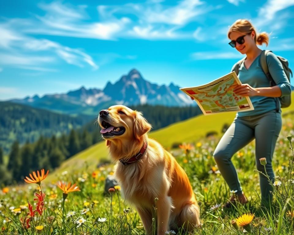 A cheerful Golden Retriever exploring the vibrant landscapes of Slovenia, with the majestic Julian Alps in the background. In the foreground, a joyful dog owner in modest casual clothing is engaging with their dog, holding a map and pointing towards a hiking trail. Bright, natural lighting illuminates the scene, capturing the warmth of a sunny day. Lush green meadows dotted with colorful wildflowers surround them, hinting at Slovenia’s rich biodiversity. The sky is a clear blue with wisps of clouds. This idyllic moment conveys the spirit of adventure and companionship in nature, embodying tips for traveling in Slovenia with a dog. The perspective is slightly angled to emphasize the stunning backdrop and the connection between the owner and pet.