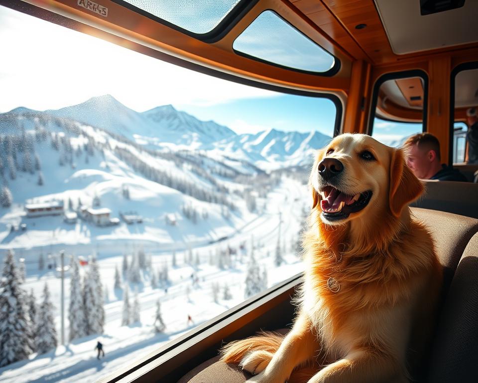 A cheerful dog, a golden retriever, sits comfortably in a gondola, enjoying the stunning views of a snowy ski resort. In the foreground, the gondola cabin is detailed with wood accents and large glass windows, with the dog looking out excitedly. In the middle ground, snow-covered slopes extend majestically, dotted with skiers gliding down the runs. The background showcases towering mountains, their peaks glistening in the bright sunlight. The scene is bathed in warm afternoon light, creating a vibrant, inviting atmosphere. Capture the cozy and joyful mood of a winter day, emphasizing the bond between the pet and its owner in the adventure of a ski vacation. No text, watermarks, or signatures in the image.