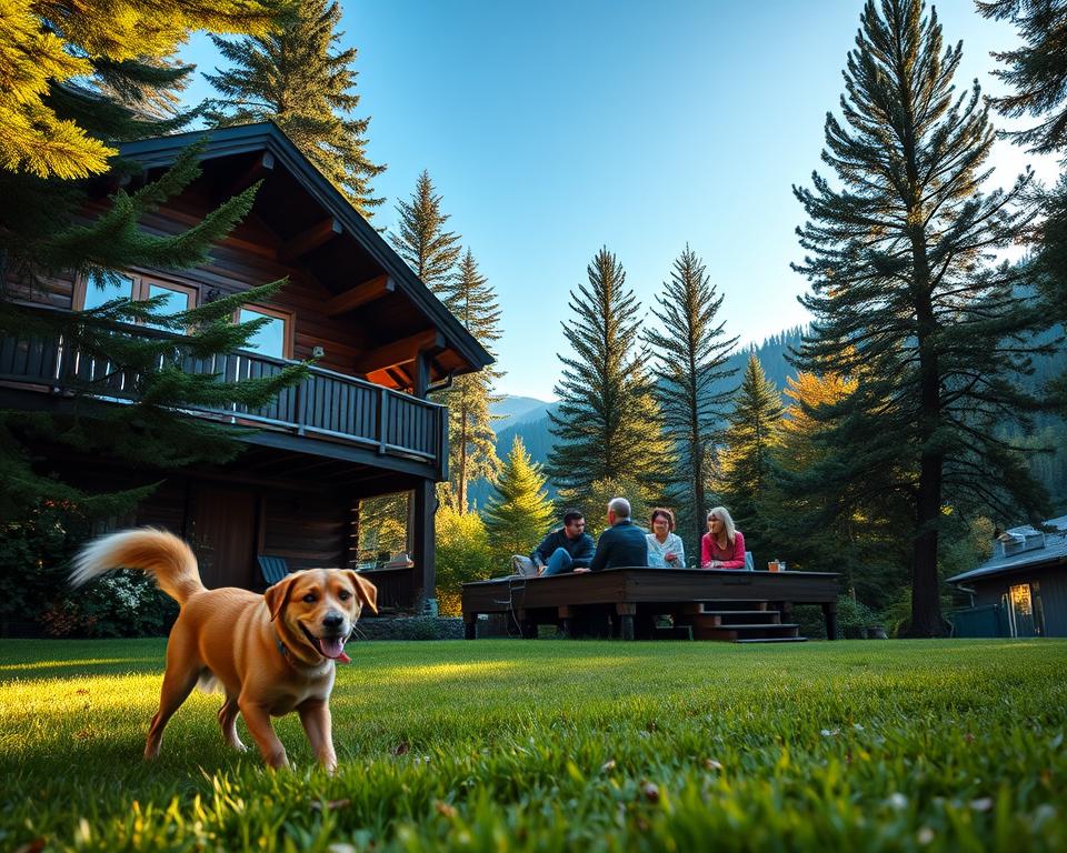 A cozy accommodation in Slovenia, featuring a welcoming chalet surrounded by lush green forests and mountains. In the foreground, a happy dog with a wagging tail plays on the grass, emphasizing the pet-friendly atmosphere. The middle ground showcases a charming wooden deck with comfortable seating, where a family enjoys their time together, dressed in casual outdoor attire. In the background, towering pine trees and a clear blue sky create a serene backdrop. The lighting is warm and inviting, suggesting an afternoon in early autumn, with soft sunlight filtering through the leaves. Capture this tranquil and joyful moment, reflecting the essence of a perfect holiday with pets in Slovenia, emphasizing comfort, nature, and adventure.