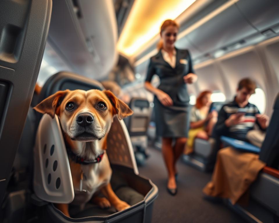 A cozy airplane cabin interior during a daytime flight, featuring a well-behaved dog sitting calmly in a pet carrier under the seat. The foreground showcases the dog's expressive face, highlighting its relaxed demeanor, with soft fur and bright eyes. In the middle ground, a flight attendant in professional attire walks by, ensuring all pets are comfortable. The background reveals passengers in the cabin, engaging with their devices and soft, warm lighting filtering through the overhead windows, creating a tranquil atmosphere. Emphasize the gentle movement of the airplane and the cozy, secure environment, reflecting the challenges of flying with a dog while ensuring safety and comfort.