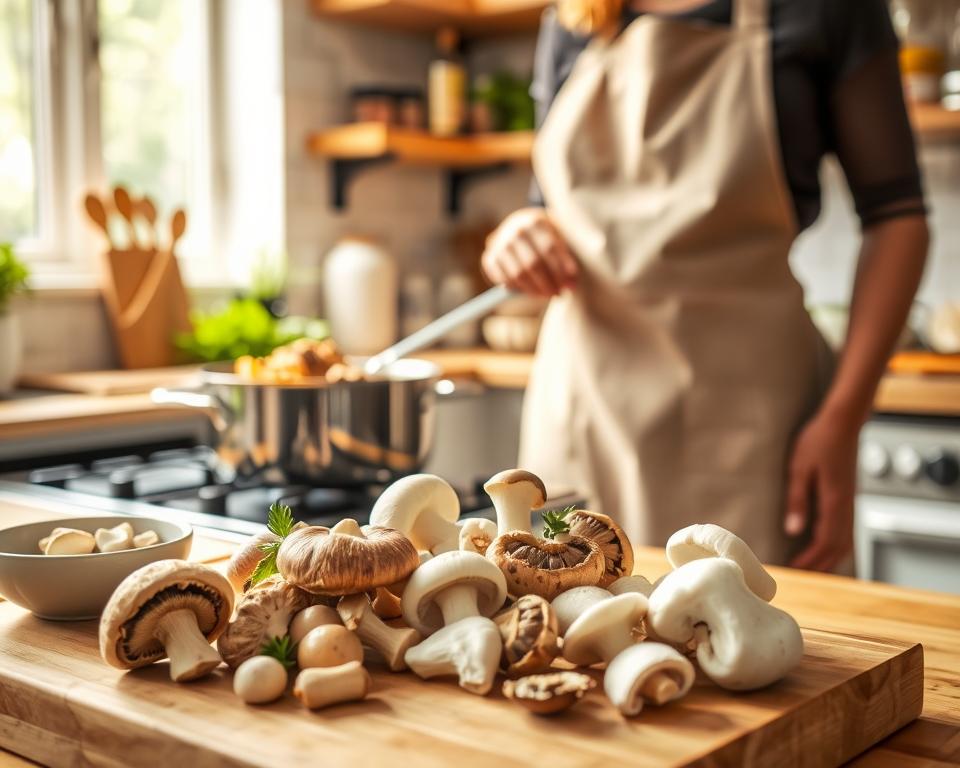 A cozy kitchen setting with warm, natural light streaming through a window. In the foreground, a wooden cutting board is elegantly arranged with a variety of fresh, safe mushrooms like shiitake and baby bella, being prepared for a dog's meal. A small bowl filled with chopped mushrooms sits nearby. In the middle, a person wearing an apron, gently stirring a pot on the stove filled with a mushroom and vegetable mixture, is featured, showcasing their care in dog food preparation. In the background, kitchen shelves display various pet-safe herbs and spices, framed by softly blurred kitchen utensils. The mood is inviting and nurturing, capturing the essence of healthy dog food preparation.