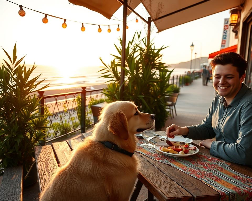 A cozy outdoor café on Usedom, featuring a rustic wooden table adorned with a vibrant tablecloth, where a cheerful person in modest casual attire enjoys a meal alongside a friendly dog. In the foreground, the dog, a golden retriever, sits expectantly, looking at a plate of food. The middle section reveals the café's inviting ambiance, highlighted by charming string lights overhead and lush green plants providing a tranquil atmosphere. The background showcases a picturesque view of the coastal scenery, with soft waves gently lapping at the shore and people strolling along the beach pathway under a warm, golden sunset sky. The lighting is soft and warm, creating a relaxed and inviting mood, capturing the joy of dining out with a beloved pet in beautiful Usedom.