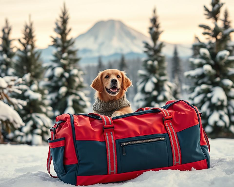 A cozy winter scene featuring a stylish dog bag designed for a ski trip, placed in the foreground. The bag is made of durable, waterproof material with reflective straps, showcasing vibrant colors like red and blue. In the middle ground, a happy dog, perhaps a Golden Retriever, peeks out from the bag, wearing a warm sweater, while surrounded by snow-covered pine trees. In the background, gently falling snowflakes add a magical touch to the scene, with a mountain peak visible in the distance. The overall mood is warm and inviting, epitomizing the joy of a winter vacation with a pet. The lighting is soft and natural, suggesting a late afternoon sun casting a gentle glow.