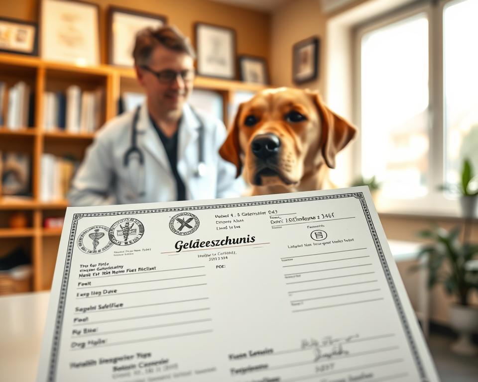 A detailed Gesundheitszeugnis (health certificate) document prominently displayed in the foreground, featuring official stamps, signatures, and medical icons like a caduceus, symbolizing veterinary health. In the middle ground, a veterinarian in a white coat reviewing a Labrador Retriever, looking attentive and supportive, conveying a sense of professionalism. The background includes a warm, inviting veterinary office with shelves filled with pet care books and framed certificates, creating a cozy atmosphere. Soft, natural lighting filters through a window, highlighting the details of the document and the bond between the vet and the dog. Focus on a balanced composition that emphasizes the importance of health certifications for traveling with pets, evoking trust and security.