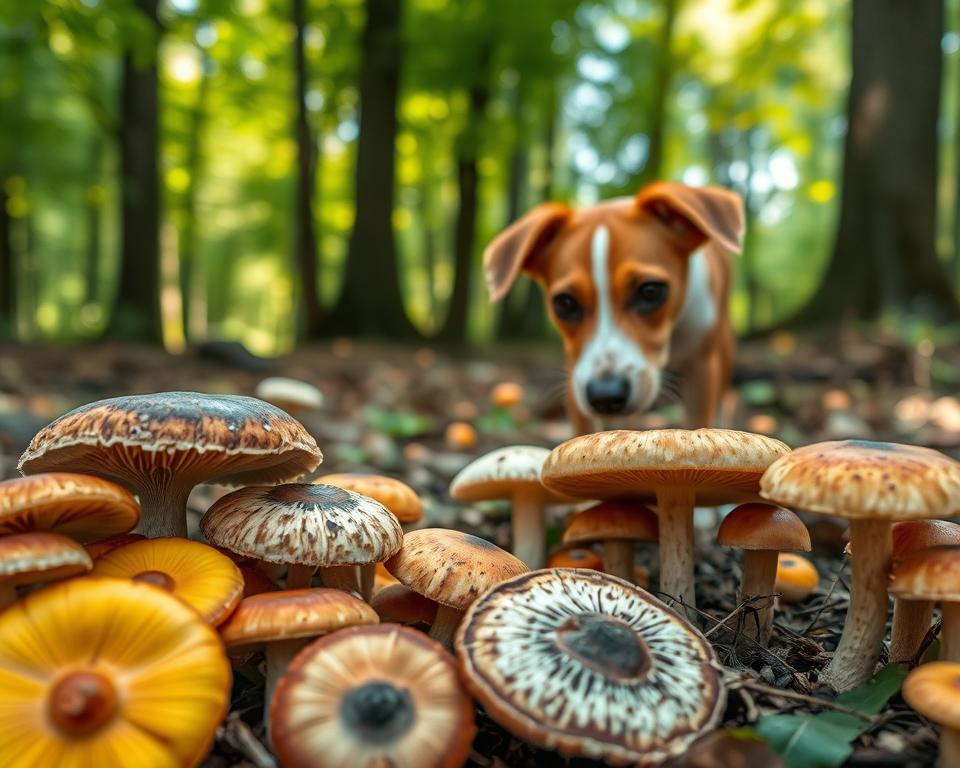 A detailed scene featuring various toxic mushrooms harmful to dogs, in a natural forest setting. The foreground comprises a cluster of colorful poisonous mushrooms, showing intricate details like the texture of caps and gills. In the middle ground, a curious dog stands cautiously, sniffing the ground, with alert ears and wide eyes, conveying curiosity and caution. The background reveals blurred trees and dappled sunlight filtering through the leaves, creating a serene yet slightly ominous atmosphere, emphasizing the potential danger. Use soft, natural lighting to enhance the colors and textures of the mushrooms while maintaining a sense of unease about the environment. The composition should focus on the mushrooms, with the dog presenting a clear contrast, inviting the viewer to contemplate the risks associated with them.