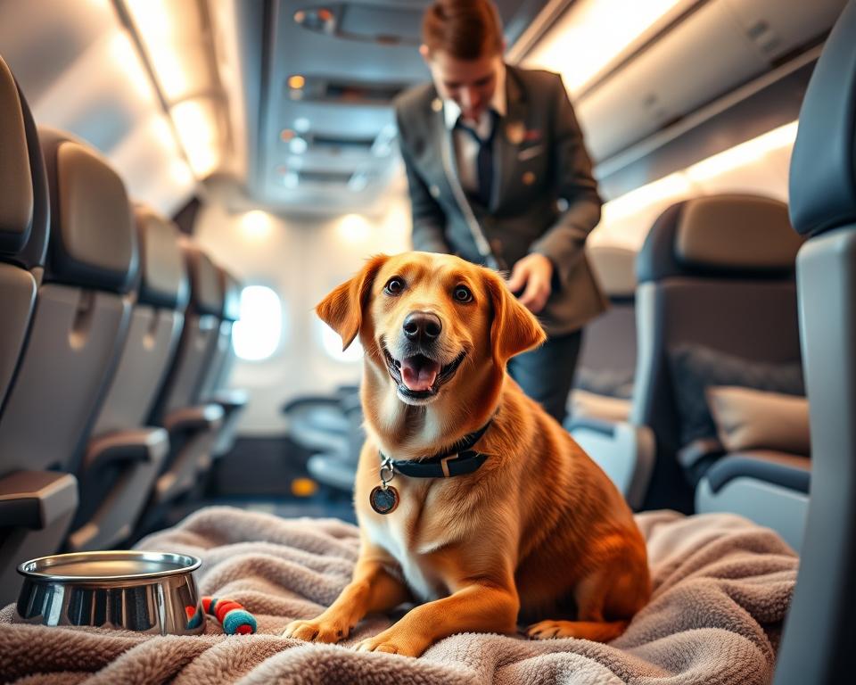 A dog sitting comfortably in an airline cabin, showcasing a safe and cozy travel environment. In the foreground, a friendly medium-sized dog with a happy expression sits on a plush travel blanket, surrounded by pet-friendly accessories like a travel bowl and a small toy. In the middle ground, a professional-looking airline staff member, dressed in smart airline uniform, is assisting a traveler with the dog, ensuring comfort and compliance with airline regulations. The background features an airplane interior with overhead compartments and soft ambient lighting, emphasizing a welcoming atmosphere. Capture this scene with a warm, inviting color palette and soft focus to evoke a sense of safety and companionship in air travel.