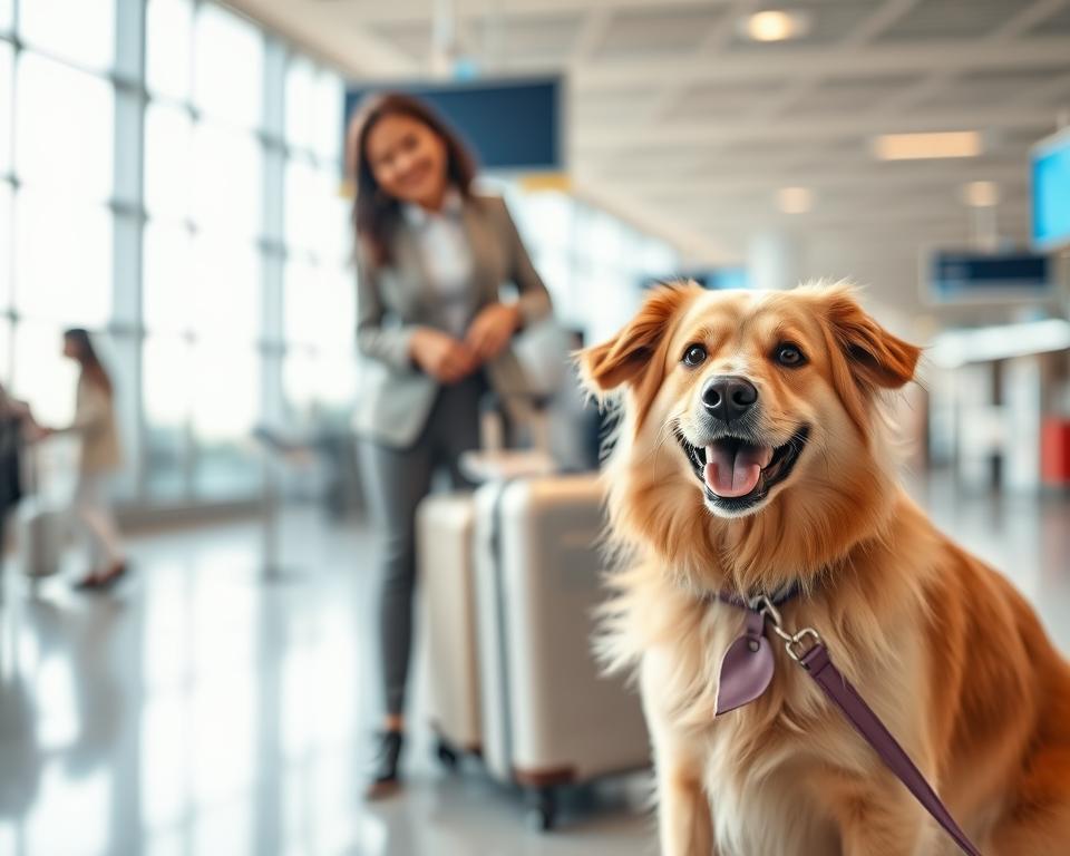 A happy, medium-sized dog with a well-groomed coat, standing confidently at an airport check-in counter, ready for travel. The foreground features a friendly airline attendant interacting with the dog, both exuding a sense of excitement and reassurance. In the middle, there are travel essentials like a pet carrier and luggage, emphasizing the journey ahead. The background showcases a bright, airy airport terminal with large windows allowing natural light to flood in, creating an uplifting atmosphere. The scene captures the essence of a pet-friendly travel experience, highlighting the dog's healthy demeanor, suitable for flying. Soft, warm lighting enhances the inviting mood, with a slight depth of field emphasizing the dog and attendant.