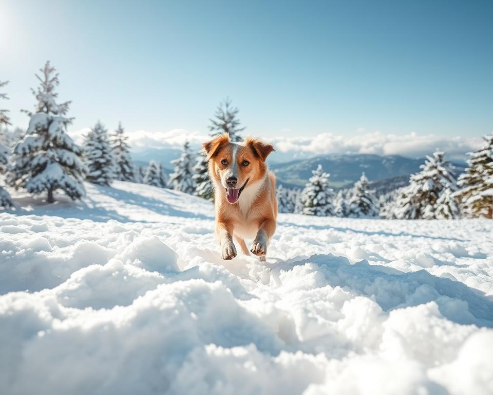 A joyful dog playing in a snowy landscape, capturing the essence of outdoor winter activities. In the foreground, the dog is energetically jumping through fluffy white snow, its fur glistening with frost. In the middle ground, a snow-covered hill slopes gently, dotted with pine trees heavy with snow, creating a vibrant winter scenery. The background features a clear blue sky and distant mountains peeking through gentle clouds, providing depth and tranquility. The light is bright and soft, illuminating the scene with a cheerful glow, reminiscent of a sunny winter day. The overall mood is playful and lively, showcasing the joy of a winter vacation spent with a beloved pet in the snow.
