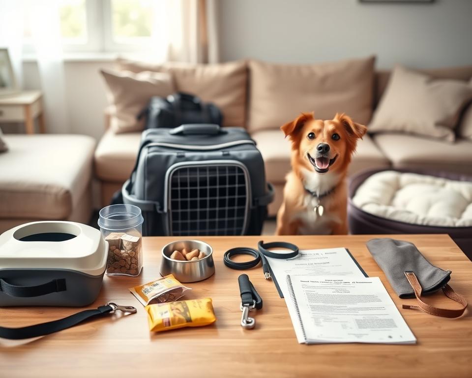 A neatly organized packing list for a dog traveling by airplane, set against a soft, cozy background of a warm, inviting living room. In the foreground, the items are laid out on a clean, wooden table: a stylish dog carrier, a travel water bowl, pet-friendly snacks, a leash, a collapsible pet bed, and essential documents like a health certificate. In the middle ground, a happy, small-to-medium-sized dog with bright eyes curiously looks at the items, exuding excitement and loyalty. The background features a glimpse of a travel bag and an open window that lets in soft, natural light, creating a welcoming atmosphere. The overall mood is cheerful, emphasizing preparation and adventure, with a shallow depth of field that highlights the packing list items beautifully.