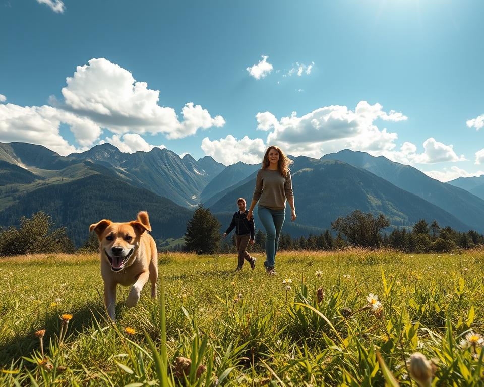 A picturesque Slovenian landscape showcasing regional highlights from Maribor to the Soča Valley. In the foreground, a happy dog exploring a lush, green meadow, with wildflowers scattered around. In the middle ground, a couple strolling hand-in-hand, dressed in casual yet modest hiking attire, embodying a sense of adventure as they enjoy the surroundings. The background features dramatic, rolling hills leading to the majestic peaks of the Julian Alps, under a bright blue sky filled with fluffy clouds. Delicate sunlight filters through the trees, casting dappled shadows and creating a warm, inviting atmosphere. The lens captures a wide-angle view, emphasizing the vastness of the landscape while maintaining a focus on the joyful bond between humans and their canine companion.