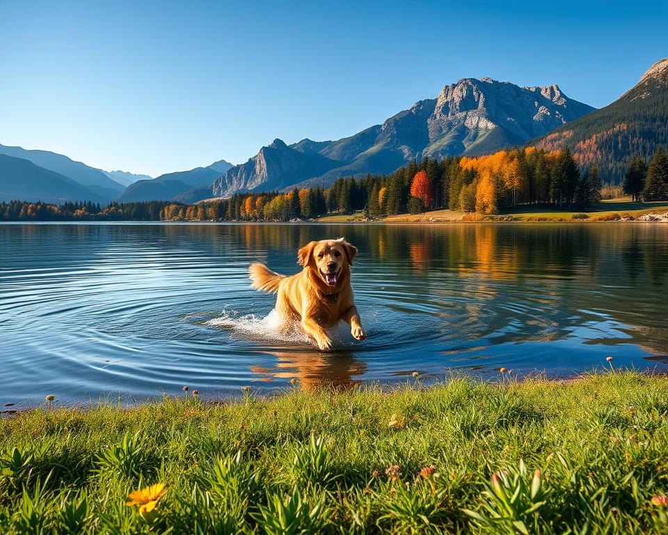 A picturesque scene by a tranquil lake in Slovenia, showcasing a playful golden retriever splashing in the crystal-clear water. In the foreground, the dog joyfully leaps into the lake, creating gentle ripples. The middle ground features lush green grass dotted with colorful wildflowers, while a serene tree-lined shore reflects the vibrant colors of autumn foliage. In the background, majestic mountains rise against a clear blue sky, completing the breathtaking scenery. The lighting is warm and inviting, capturing the golden hour glow, with soft shadows enhancing the natural beauty. The atmosphere is peaceful and joyful, conveying a perfect day for dogs and their owners to enjoy nature together.