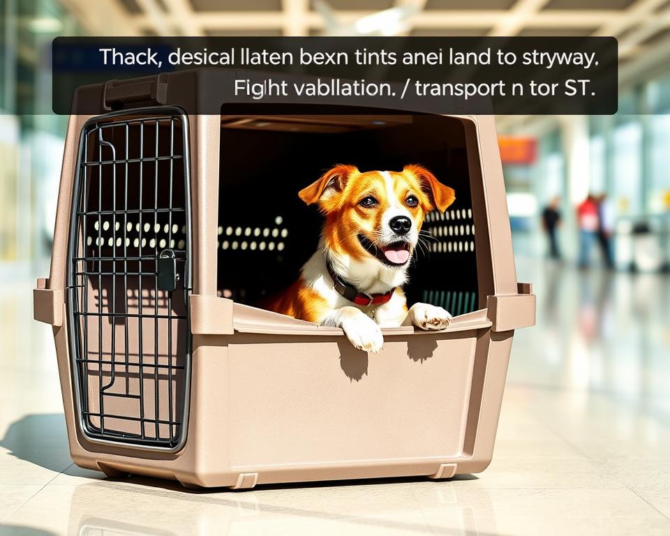 A realistic and detailed IATA-compliant transport box for dogs, positioned prominently in the foreground, showcasing its sturdy, ventilated design and secure locking mechanism. The middle ground features a calm, well-behaved dog peeking out from the transport box, expressing curiosity and comfort. In the background, a soft-focus airport terminal setting is visible, hinting at the travel theme without distraction. The lighting is bright and natural, emulating a sunny day, which creates a warm and inviting atmosphere. The angle is slightly elevated, providing a comprehensive view of the transport box and the dog. The overall mood is cheerful and reassuring, reflecting the importance of choosing the right transport solution for flying with pets.