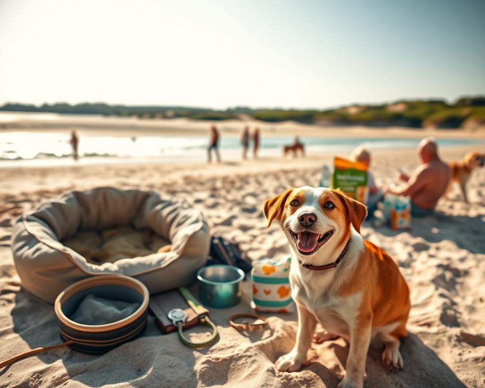 A scenic beach setting on Usedom island, featuring a happy dog with a cheerful expression in the foreground, surrounded by essential travel items for a dog owner. Include a cozy dog bed, a leash, a water bowl, and a bag of dog food neatly arranged beside the dog. In the middle ground, show the sandy beach with gentle waves lapping at the shore, where families are enjoying their day with their pets, emphasizing a relaxed, joyful atmosphere. The background reveals lush greenery and distant dunes under a bright, sunny sky. Use warm, natural lighting to enhance the inviting mood, captured with a slight depth of field to focus on the dog and packing essentials in the foreground.