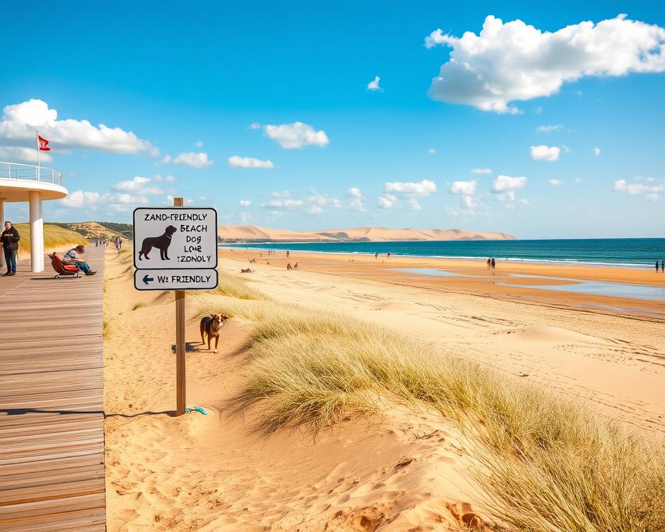 A scenic view of Zandvoort beach, focusing on the dog-friendly area with clear signage guiding visitors. In the foreground, a sandy path leads from a beach boardwalk, dotted with friendly dogs and their owners enjoying the sun. In the middle ground, extensive stretches of soft golden sand transition to the vibrant blue sea, with small waves gently lapping at the shore. In the background, the iconic Zandvoort dunes rise softly under a bright blue sky, dotted with fluffy white clouds. The lighting is warm and inviting, suggesting a sunny day, perfect for a beach outing. The atmosphere is relaxed and happy, inviting viewers to feel the charm of this beloved beach destination.