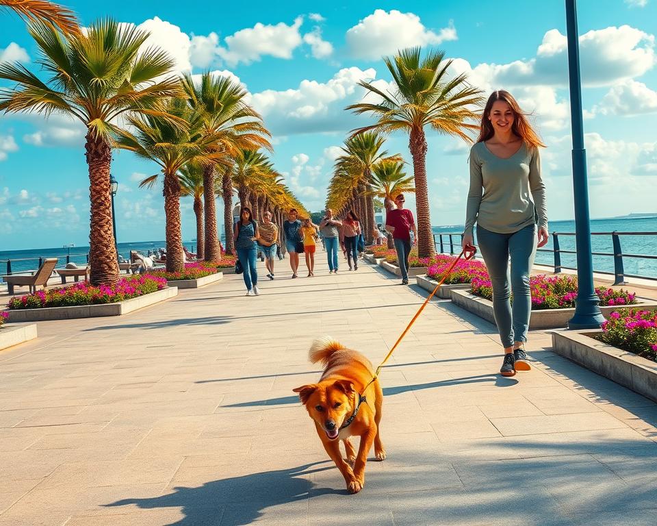 A serene coastal promenade on Usedom, featuring a wide, paved walkway lined with swaying palms and vibrant flowerbeds. In the foreground, a happy dog is playfully exploring, with its leash gently held by a person wearing casual, modest clothing. In the middle ground, families and individuals stroll leisurely, some stopping to admire the scenic views of the Baltic Sea. The background reveals a clear blue sky with fluffy clouds and the shimmering water reflecting the sunlight. The scene is illuminated with warm afternoon light, creating a peaceful and inviting atmosphere. Capture this vibrant setting from a slightly elevated angle to emphasize the beauty of the promenade and the joy of walking a dog along the scenic route.