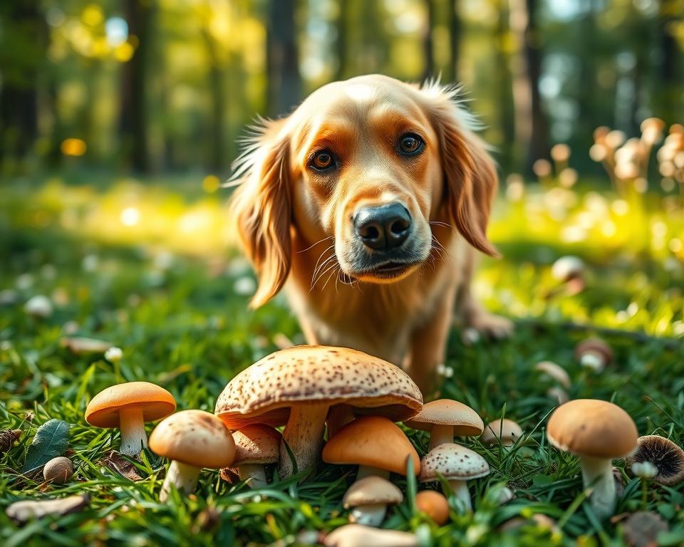A serene, natural setting featuring a golden retriever curiously sniffing a variety of mushrooms scattered on a lush green forest floor. In the foreground, focus on the dog's expressive face showcasing curiosity and playfulness. The middle layer highlights an array of different mushroom types—like chanterelles and shiitakes—with distinct textures and colors, emphasizing their nutritional appeal. In the background, soft bokeh of sun-dappled trees and gentle wildflowers enhances the tranquility of the scene. The lighting is warm and soft, emulating a late afternoon atmosphere, inviting a sense of wonder and exploration. The overall mood should convey harmony between nature and healthy dog diet exploration, illustrating the potential benefits of mushrooms for dogs in a visually engaging manner.
