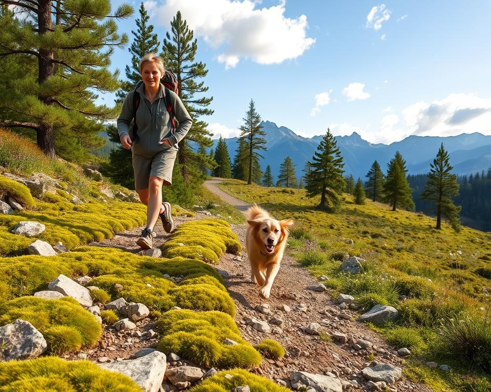 A serene scene of hiking in a Slovenian national park, featuring a person in modest outdoor attire enjoying a trail with a happy dog by their side. In the foreground, the dog, a golden retriever, playfully bounds over a rocky path covered with vibrant green moss and wildflowers. The middle ground reveals a winding trail surrounded by tall pine trees, their branches gently swaying in the soft breeze. In the background, majestic mountains rise against a clear blue sky, with soft, fluffy clouds. The lighting is warm and inviting, casting gentle shadows that enhance the tranquil atmosphere. The image captures the essence of adventure, connection with nature, and the joy of exploring the outdoors with a furry companion.