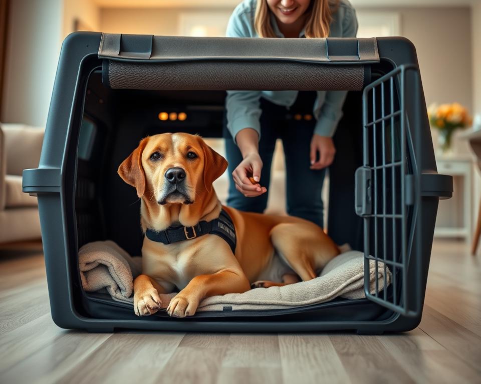 A serene training environment featuring a medium-sized dog nestled comfortably inside a sturdy pet transport box, which is partially open to signify a welcoming space. The foreground shows the dog, with a calm and attentive expression, showcasing breeds like Labrador or Golden Retriever, wearing a supportive harness. In the middle ground, a person gently encouraging the dog with treats, dressed in casual yet professional attire. The background includes a softly blurred room that simulates an inviting home environment, with warm lighting that creates a peaceful ambiance. The overall atmosphere is one of safety, comfort, and connection, ideal for promoting positive adaptation to travel crates. The camera angle is slightly elevated, focusing on the interaction between the pet and the owner.