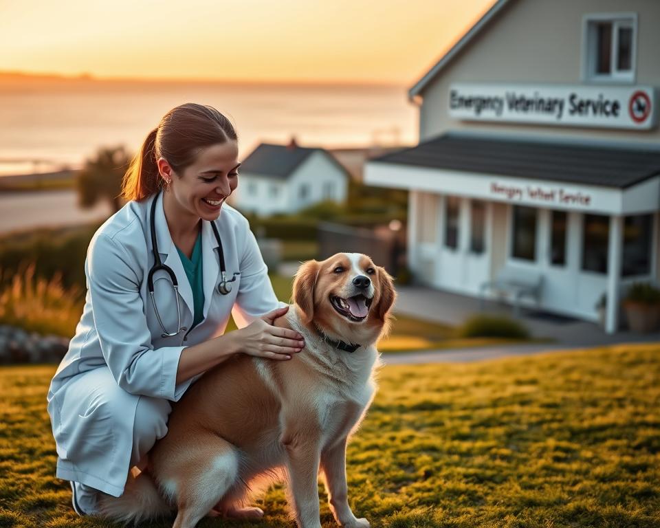 A serene veterinary clinic on Usedom Island during golden hour, capturing a caring veterinarian attending to a playful dog in the foreground, both radiating warmth and connection. The veterinarian, dressed in a professional attire with a lab coat, kneels beside the dog, showcasing a gentle smile as they engage. In the middle ground, a picturesque island landscape features lush green lawns and subtle beach elements hinting at the nearby Baltic Sea. In the background, soft pastel-colored buildings of the clinic with a welcoming sign reading “Emergency Veterinary Service” blend harmoniously into the scene. The lighting is soft and warm, casting gentle shadows that enhance the inviting atmosphere of care and community. The image evokes feelings of trust and compassion in pet healthcare.