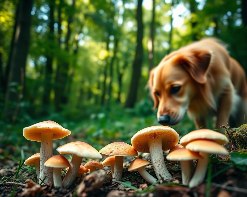 A serene woodland scene depicting suitable mushroom species for dogs, showcasing edible mushrooms like chanterelles and porcini in the foreground. The mushrooms should appear vibrant and healthy, with soft, natural colors. In the middle ground, include a curious dog, a friendly Golden Retriever, sniffing the mushrooms with a sense of wonder. The background features a lush green forest with dappled sunlight filtering through the trees, creating a warm, inviting atmosphere. Use a shallow depth of field to blur the background slightly, focusing on the mushrooms and the dog, captured from a low-angle perspective. The lighting is soft and diffused, enhancing the natural beauty of the scene, evoking a sense of exploration and safety in nature.