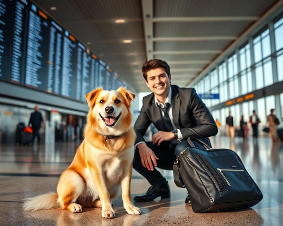 A spacious and modern airport terminal scene featuring a well-groomed dog with a happy expression, sitting beside its owner, a young professional dressed in smart casual attire. In the foreground, the owner holds a travel bag while kneeling beside the dog, ensuring comfort and care. The middle ground displays a flight information board with vibrant screens displaying various flights, while other travelers walk in the background, creating a lively atmosphere. Soft, natural lighting streams through large windows, casting gentle shadows on the polished floor. The mood is excited yet serene, symbolizing the journey ahead with a furry companion by your side.