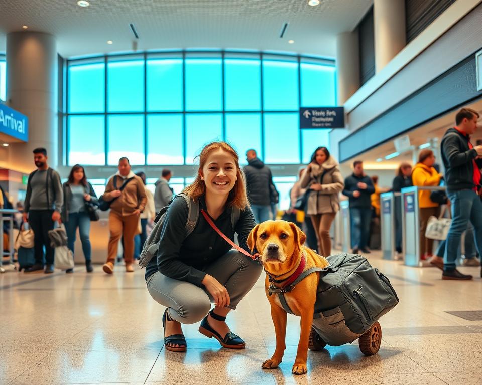 A warm and bustling airport arrival area, showcasing a diverse group of travelers with a medium-sized dog on a leash. In the foreground, a cheerful traveler in modest casual attire kneels to pet the dog, exuding a sense of warmth and connection. In the middle, the airport's modern decor features clear signage and a busy check-in desk, while other passengers appear engaged with their own pets or waiting for loved ones. The background reveals large windows showcasing a clear blue sky, hinting at the excitement of travel. Soft, natural lighting floods the scene, creating an inviting and lively atmosphere. The angle is slightly elevated, capturing the vibrancy and movement of the airport environment.